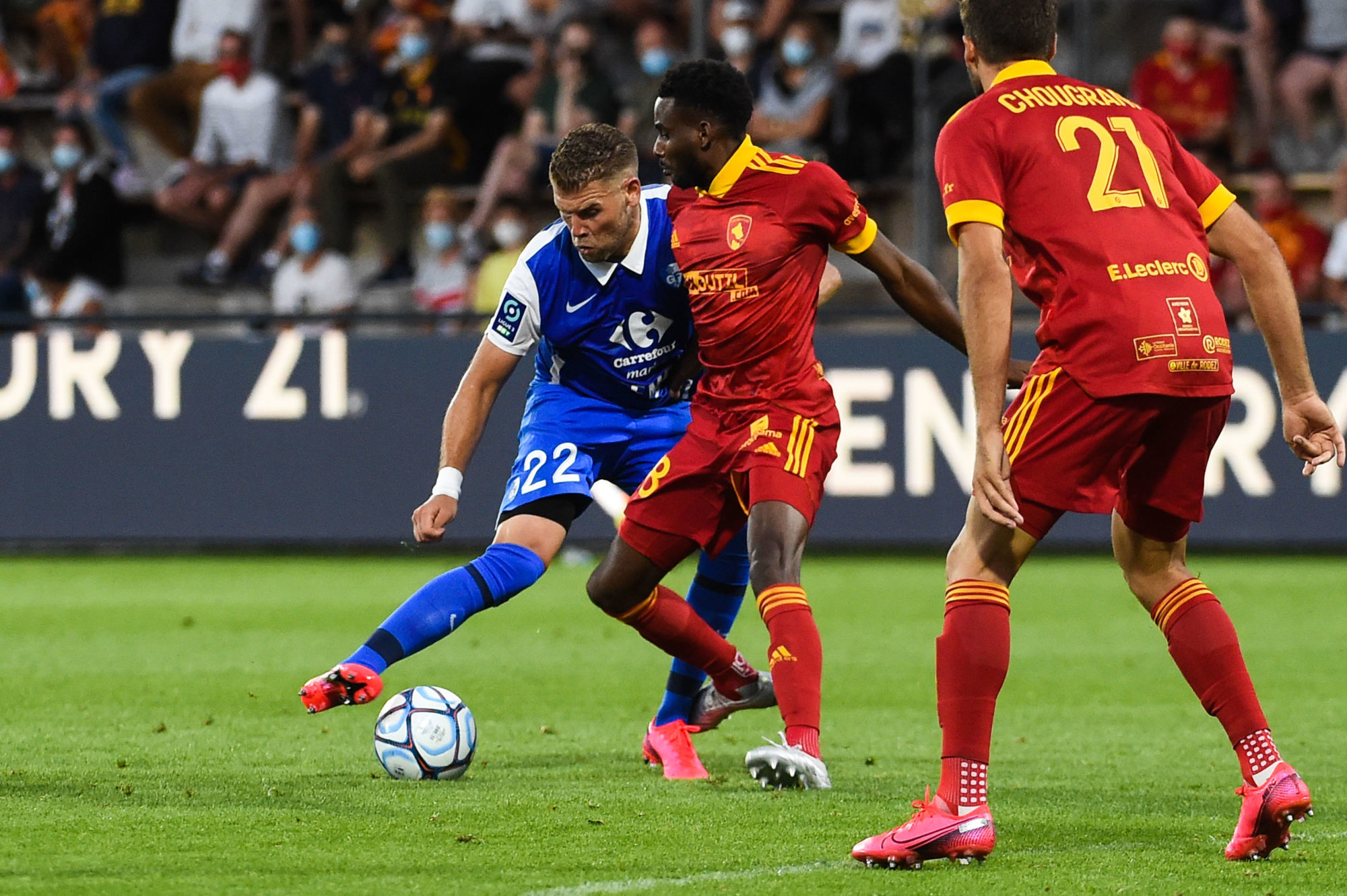 Yoric RAVET of Grenoble and Nathanael DIENG of Rodez  during the Ligue 2 match between Rodez and Grenoble on August 22, 2020 in Rodez, France. (Photo by Alexandre Dimou/Icon Sport) - Stade Paul Lignon - Rodez (France)