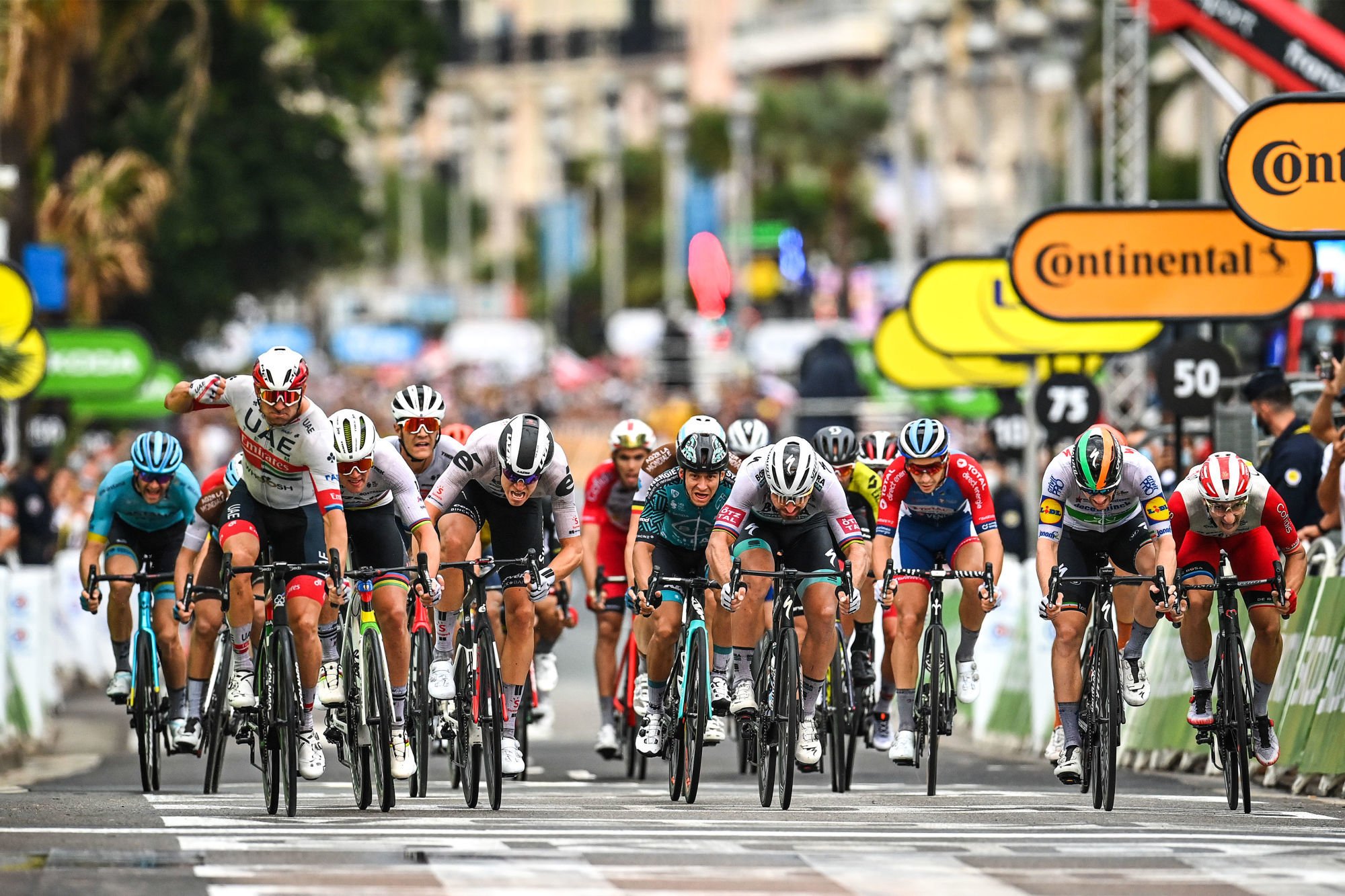 Norwegian Alexander Kristoff of UAE Team Emirates celebrates as he crosses the finish line to win the first stage of the 107th edition of the Tour de France cycling race, 156km from Nice to Nice, in France, Saturday 29 August 2020. This year's Tour de France was postponed due to the worldwide Covid-19 pandemic. The 2020 race starts in Nice on Saturday 29 August and ends on 20 September. BELGA PHOTO POOL PHOTONEWS 
Photo by Icon Sport