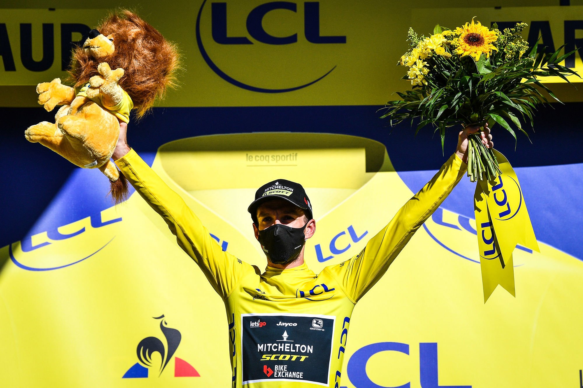 Adam Yates of Mitchelton - Scott celebrates on the podium in the yellow jersey of leader in the overall ranking after stage seven of the 107th edition of the Tour de France cycling race, from Millau to Lavaur (168 km), in France, Friday 04 September 2020. This year's Tour de France was postponed due to the worldwide Covid-19 pandemic. The 2020 race starts in Nice on Saturday 29 August and ends on 20 September. BELGA PHOTO DAVID STOCKMAN 
Photo by Icon Sport -  (France)