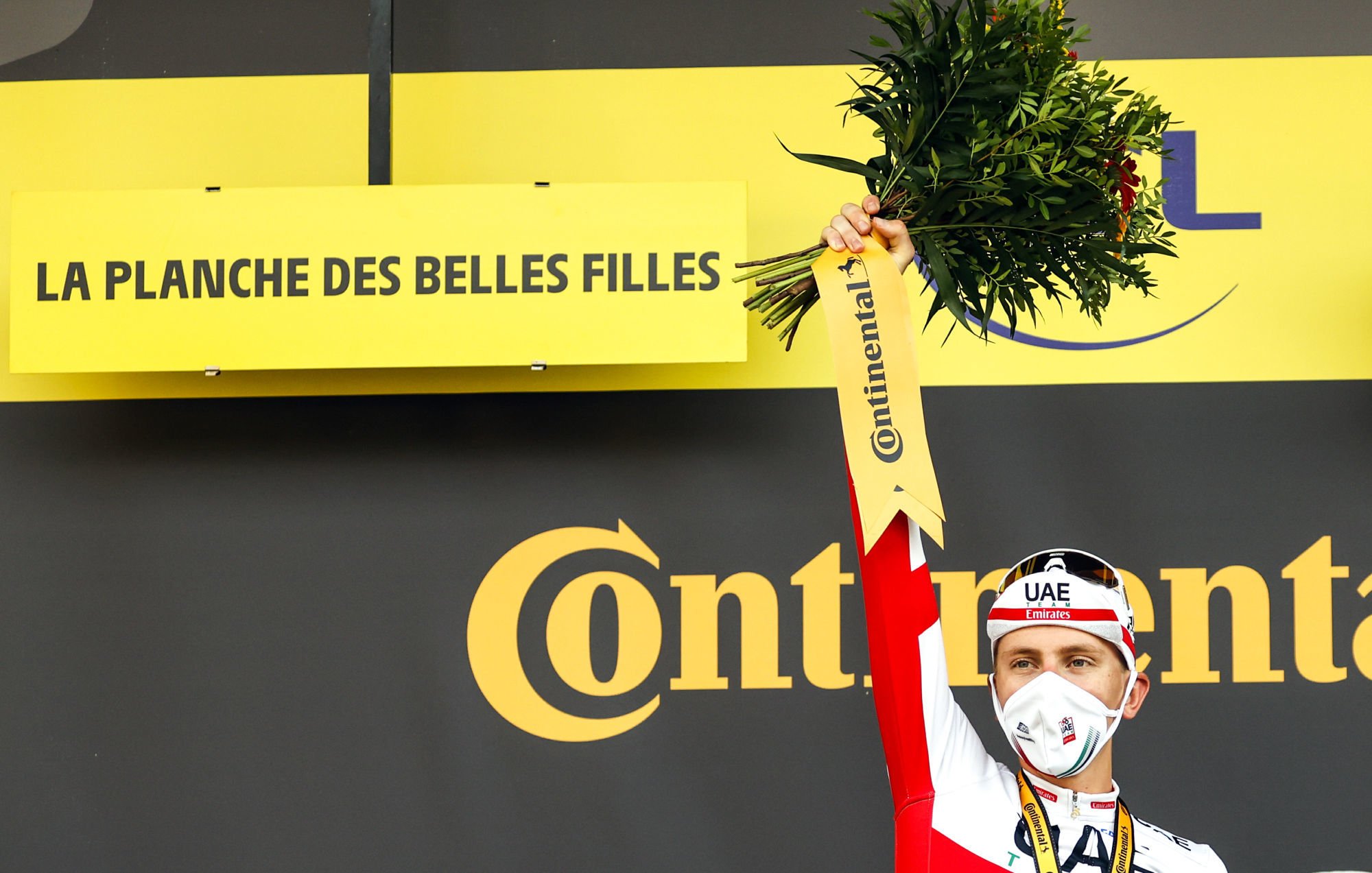 Tadej Pogacar of UAE Team Emirates celebrates on the podium after winning stage 20 of the 107th edition of the Tour de France cycling race, a 36,2km individual time trial from Lure to La Planche des Belles Filles, in France, Saturday 19 September 2020. This year's Tour de France was postponed due to the worldwide Covid-19 pandemic. The 2020 race starts in Nice on Saturday 29 August and ends on 20 September. BELGA PHOTO POOL 
Photo by Icon Sport