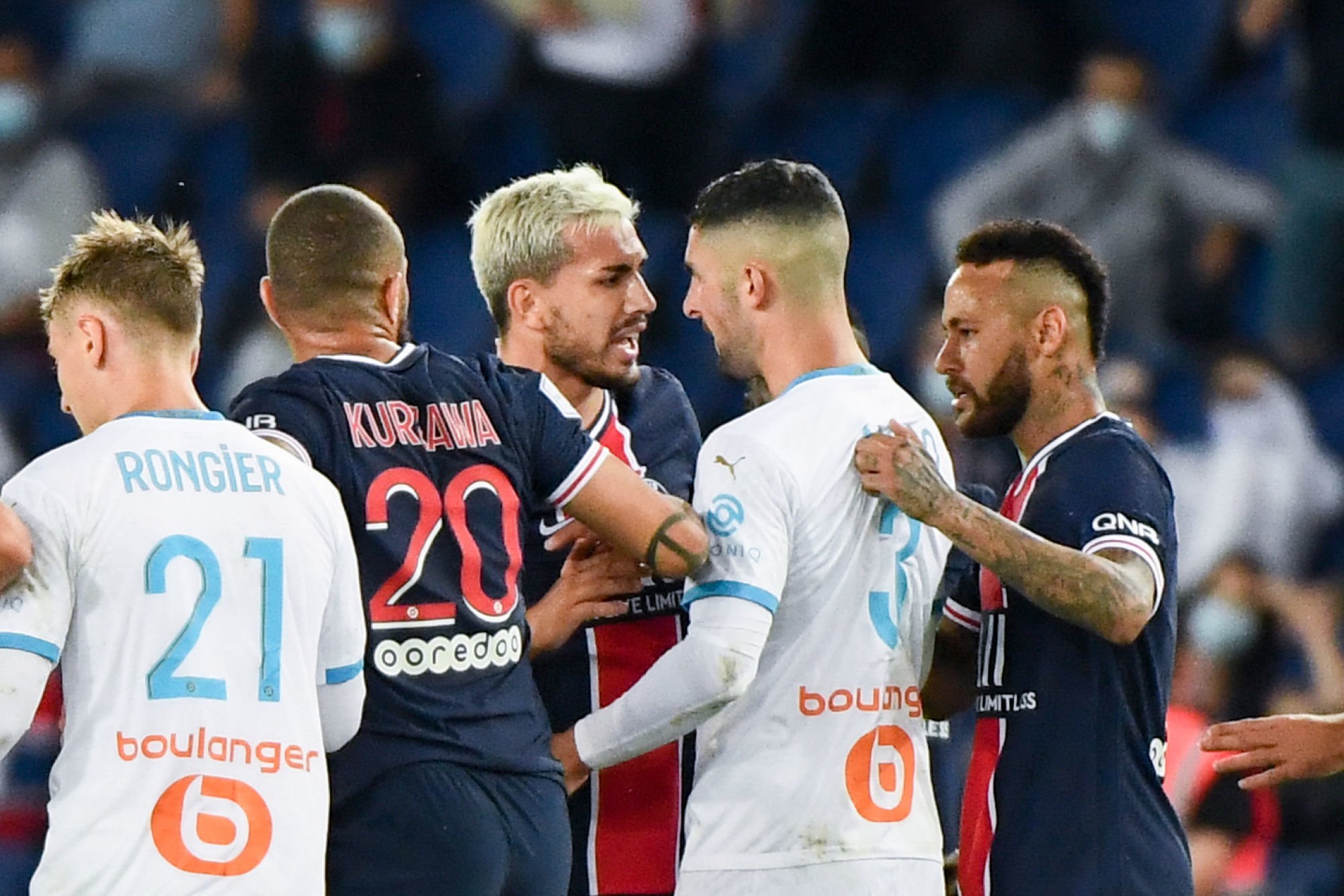 (Photo by Anthony Dibon/Icon Sport) - NEYMAR JR - Leandro PAREDES - Layvin KURZAWA - Alvaro Gonzalez - PSG/OM