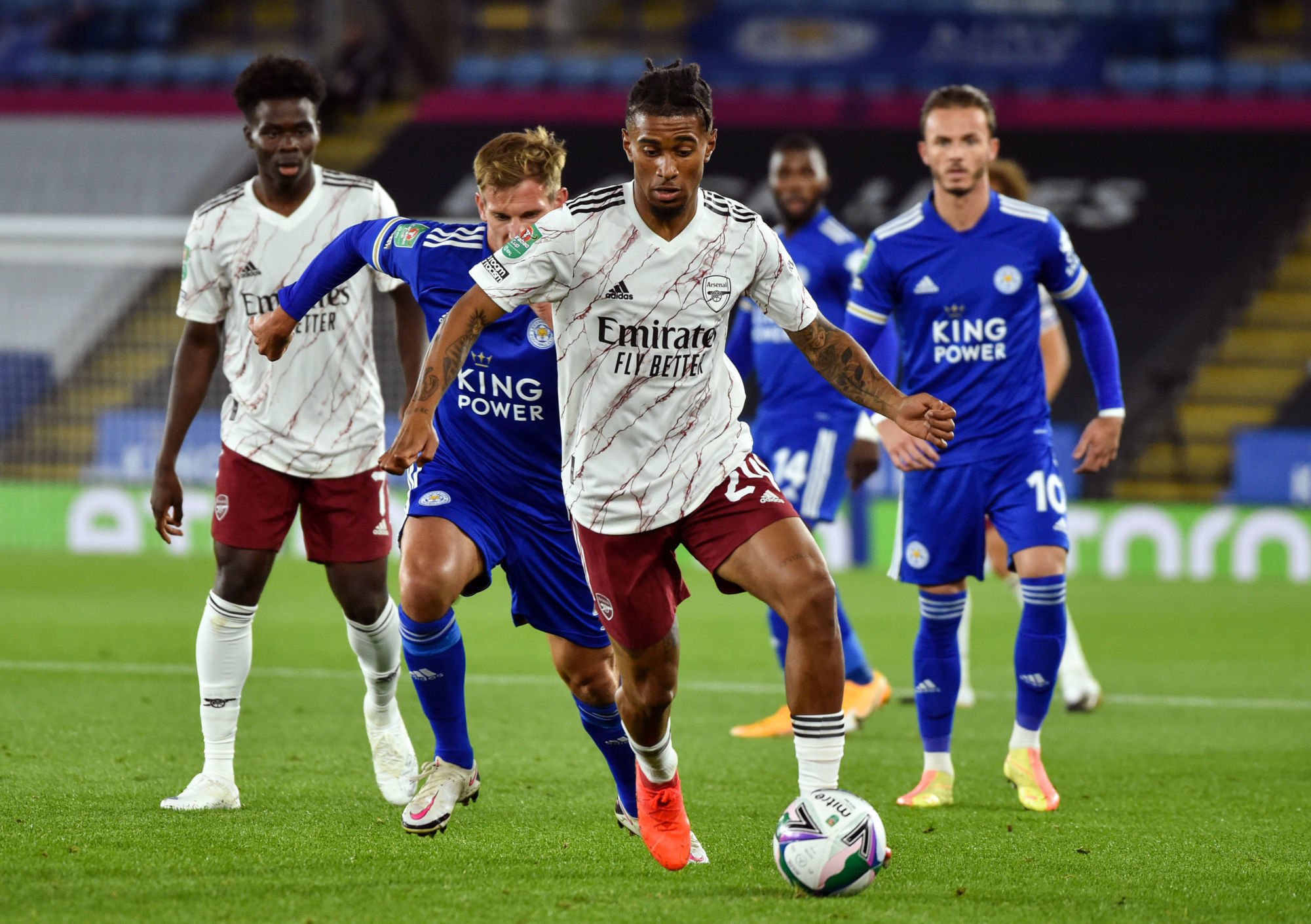 Arsenal's Reiss Nelson gets away from the Leicester defense during the Carabao Cup third round match at The King Power Stadium, Leicester. 


Photo by Icon Sport - King Power Stadium  - Leicester (Angleterre)