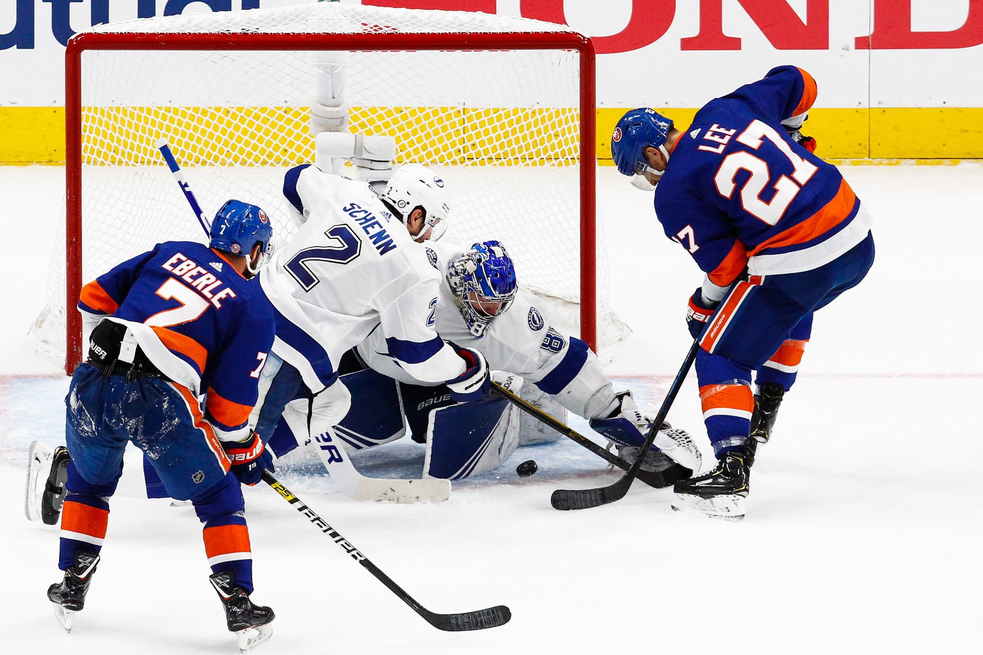 Sep 17, 2020; Edmonton, Alberta, CAN; New York Islanders left wing Anders Lee (27) takes a shot against Tampa Bay Lightning defenseman Luke Schenn (2) and goaltender Andrei Vasilevskiy (88) during the second period in game six of the Eastern Conference Final of the 2020 Stanley Cup Playoffs at Rogers Place. Mandatory Credit: Perry Nelson-USA TODAY Sports 


Photo by Icon Sport - Andrei VASILEVSKIY - Anders LEE - Luke SCHENN - Rogers Place - Edmonton (Canada)