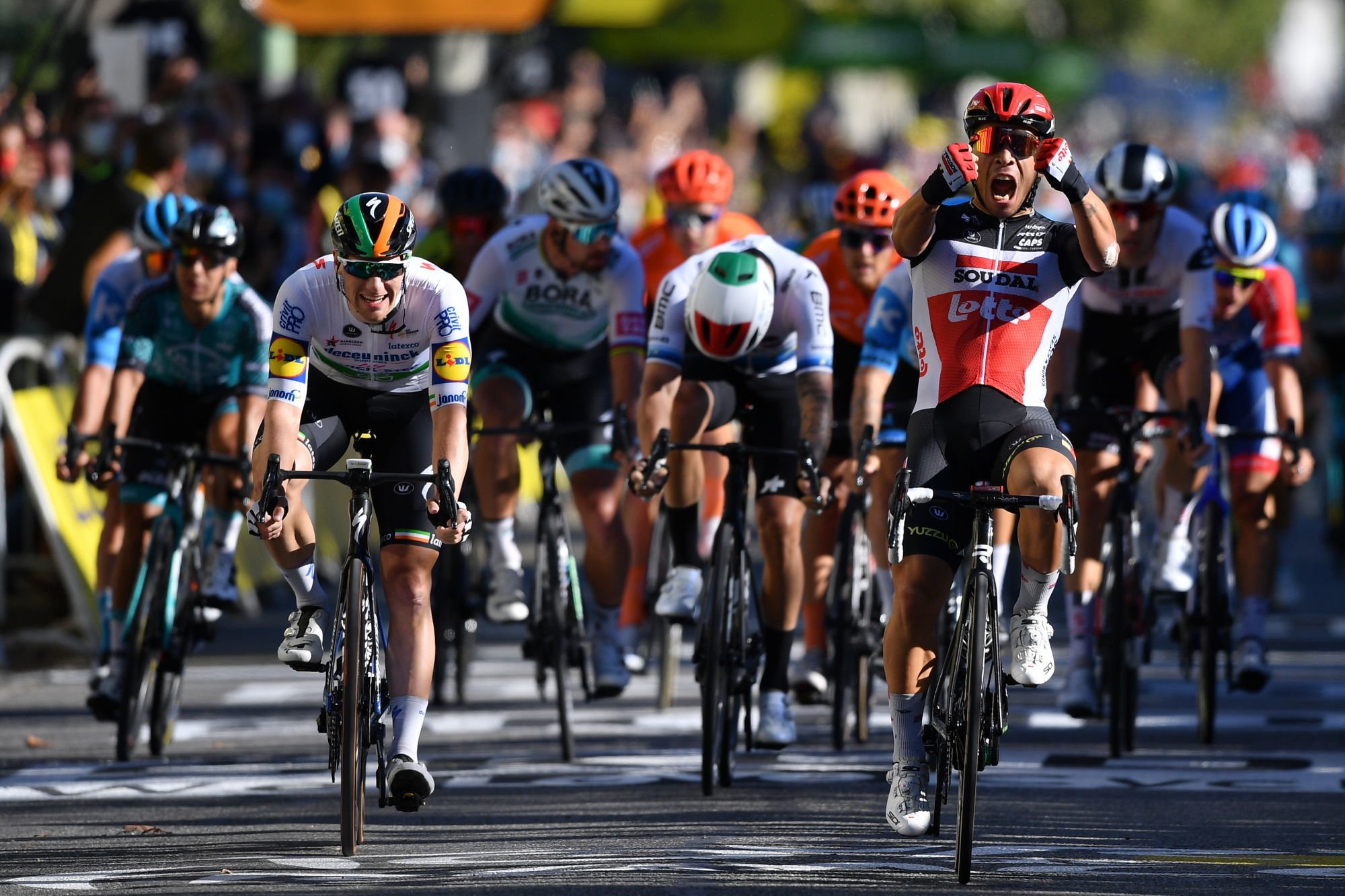 Australian Caleb Ewan of Lotto Soudal celebrates after winning the sprint at the finish of the third stage of the 107th edition of the Tour de France cycling race, 198km from Nice to Sisteron, in France, Monday 31 August 2020. This year's Tour de France was postponed due to the worldwide Covid-19 pandemic. The 2020 race starts in Nice on Saturday 29 August and ends on 20 September. 
BELGA PHOTO DAVID STOCKMAN 
By Icon Sport - Caleb EWAN