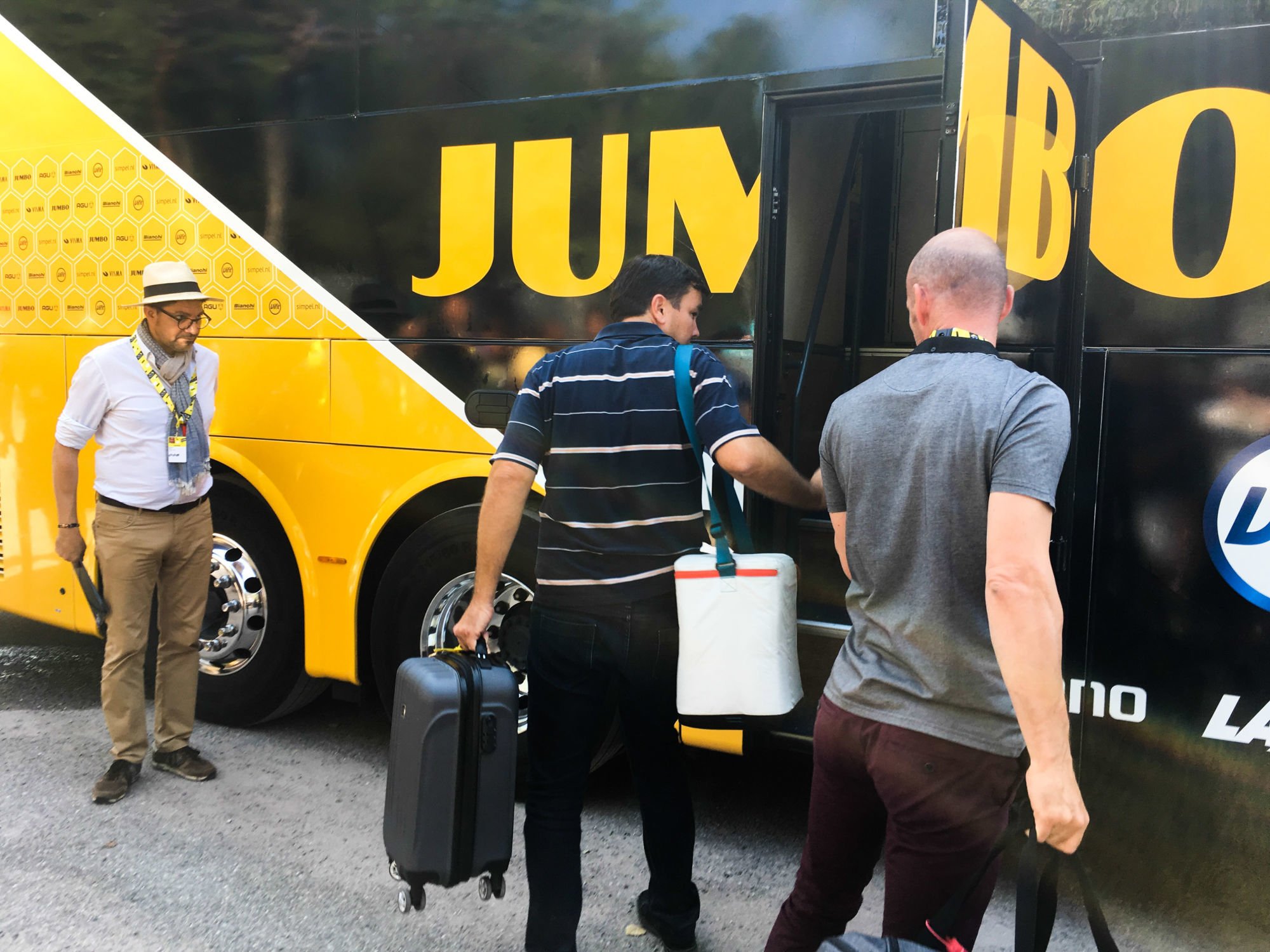 Doping control at the bus of Team Jumbo-Visma ahead of stage 18 of the 106th edition of the Tour de France cycling race, from Embrun to Valloire (208 km), France, Thursday 25 July 2019. This year's Tour de France starts in Brussels and takes place from July 6th to July 28th. Photo : Belga / Icon Sport