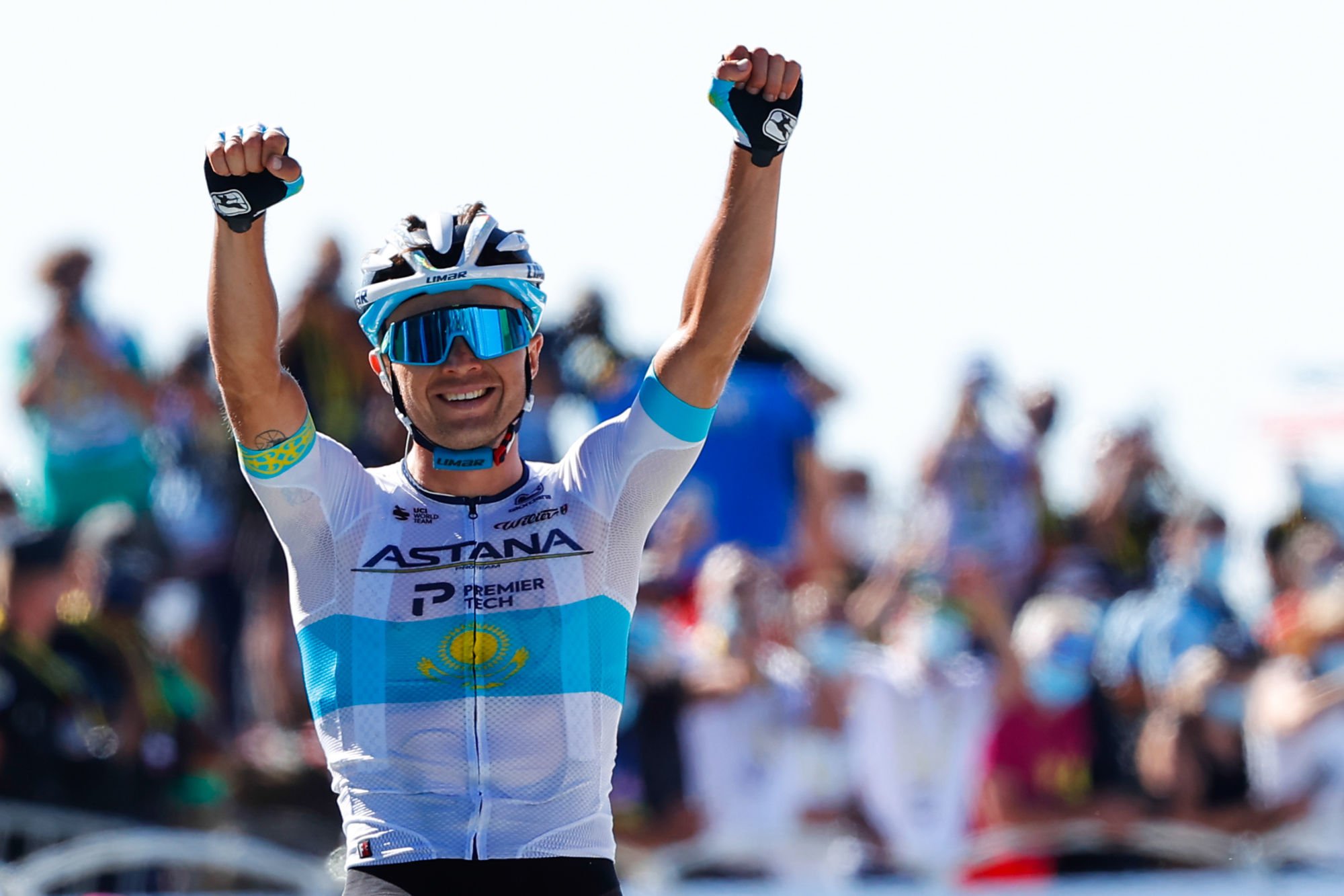 Kazakh Alexey Lutsenko of Astana Pro Team celebrates as he crosses the finish line to win stage six of the 107th edition of the Tour de France cycling race, from Le Teil to Mont Aigoual (191 km), in France, Thursday 03 September 2020. This year's Tour de France was postponed due to the worldwide Covid-19 pandemic. The 2020 race starts in Nice on Saturday 29 August and ends on 20 September. BELGA PHOTO POOL LUCA BETTINI 

Photo by Icon Sport -  (France)
