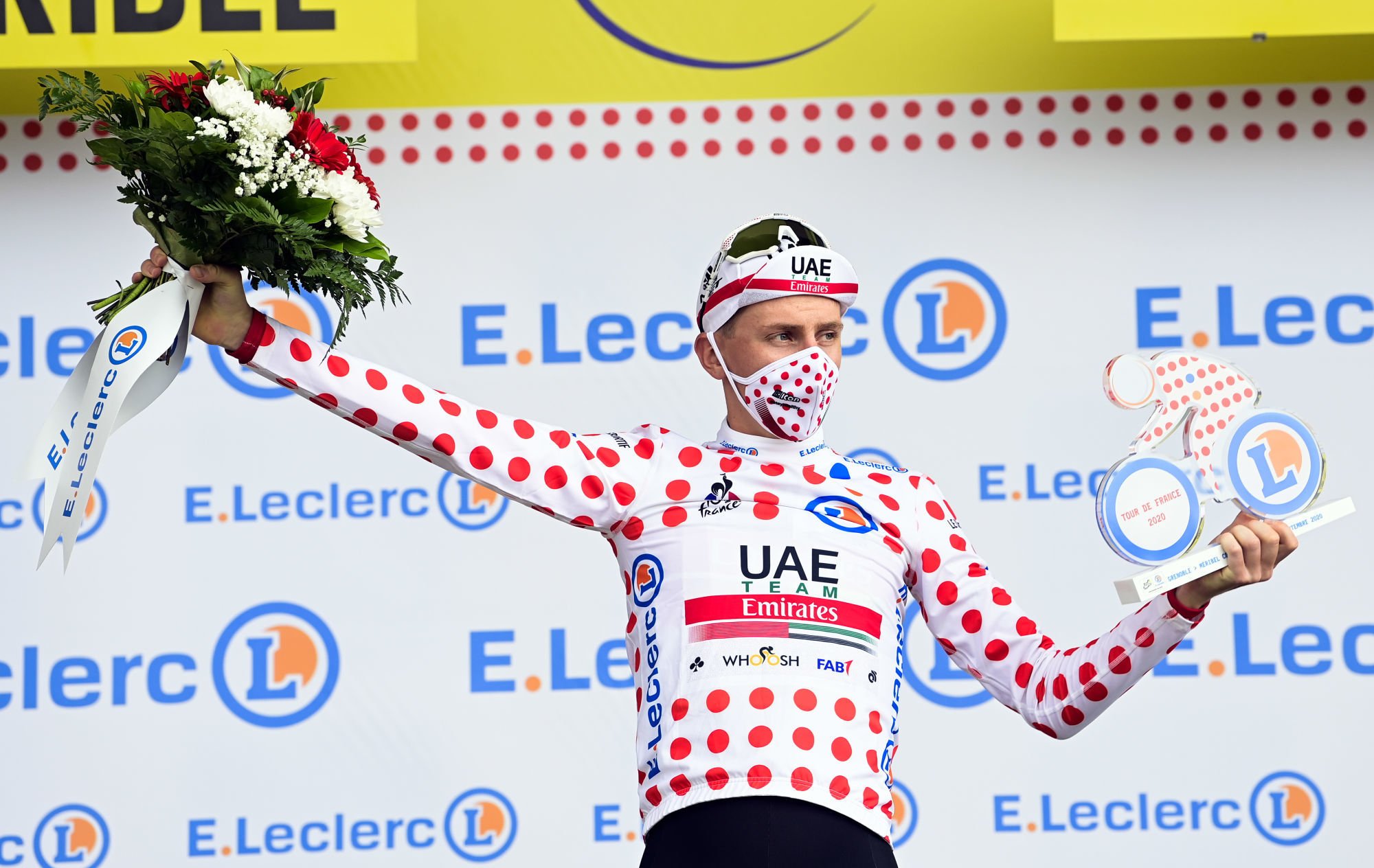 Tadej Pogacar of UAE Team Emirates celebrates in the red polka-dot jersey for best climber after stage 17 of the 107th edition of the Tour de France cycling race from Grenoble to Meribel Col de la Loze (170 km), in France, Wednesday 16 September 2020. This year's Tour de France was postponed due to the worldwide Covid-19 pandemic. The 2020 race starts in Nice on Saturday 29 August and ends on 20 September. BELGA PHOTO POOL 

Photo by Icon Sport