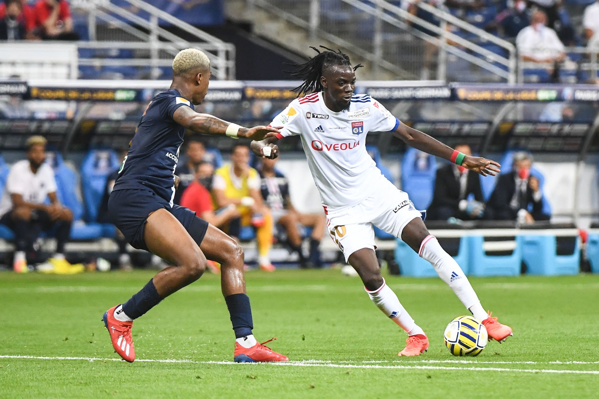 Bertrand TRAORE of Lyon and Presnel KIMPEMBE of PSG during the French League Cup Final match between Paris Saint Germain and Lyon at Stade de France on July 31, 2020 in Paris, France. (Photo by Anthony Dibon/Icon Sport) - Presnel KIMPEMBE - Bertrand TRAORE - Stade de France - Paris (France)