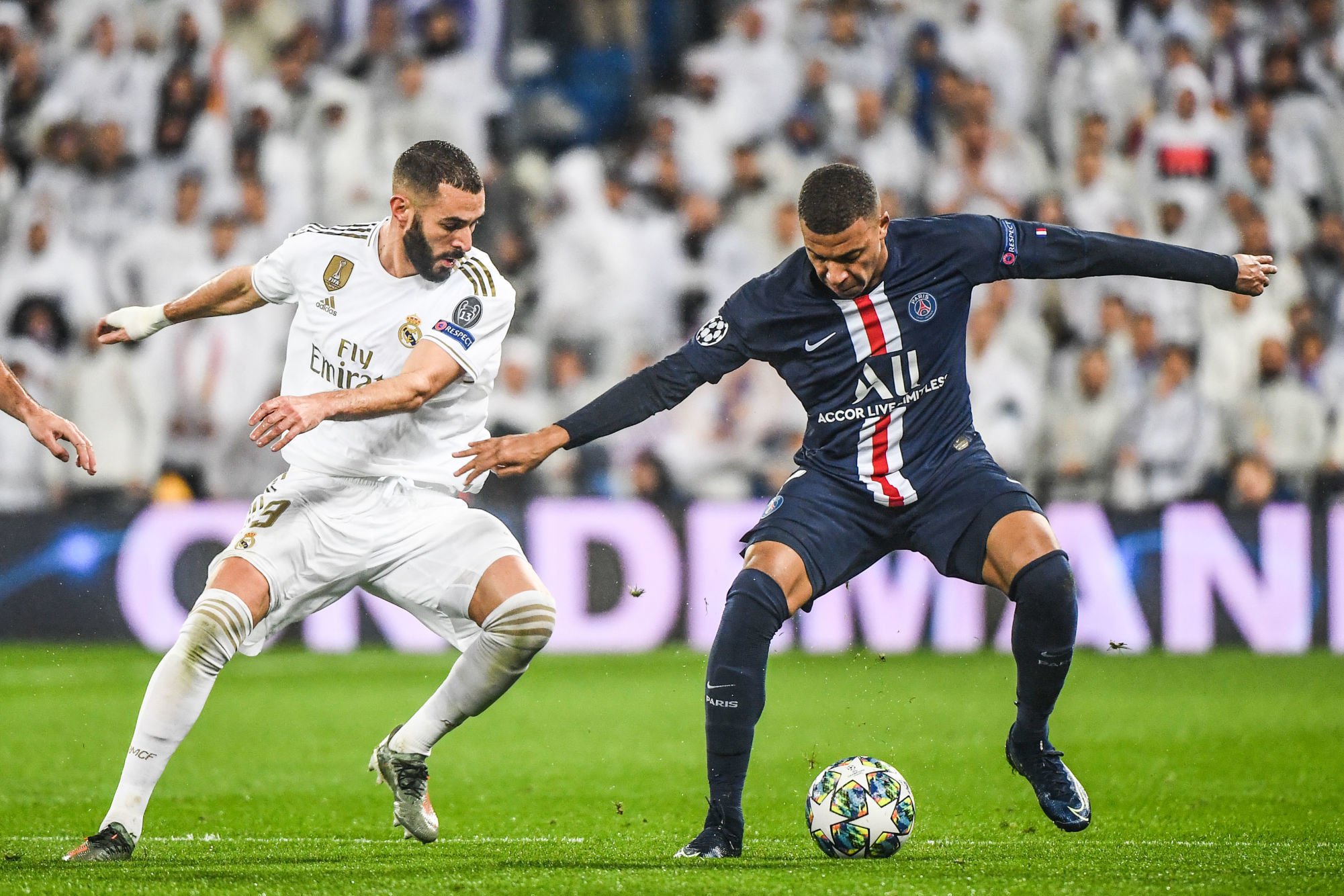 Karim BENZEMA of Real Madrid and Kylian MBAPPE