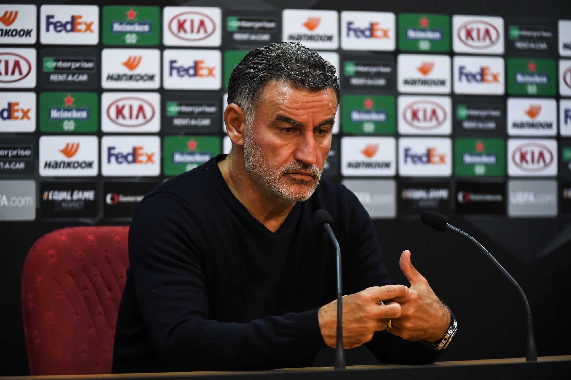 Christophe GALTIER head coach of Lille at the press conference after the UEFA Europa League match between Sparta Praha and Lille at Generali Arena on October 22, 2020 in Prague, Czech Republic. (Photo by Baptiste Fernandez/Icon Sport) - Christophe GALTIER - Eden Arena - Prague (Republique Tcheque)