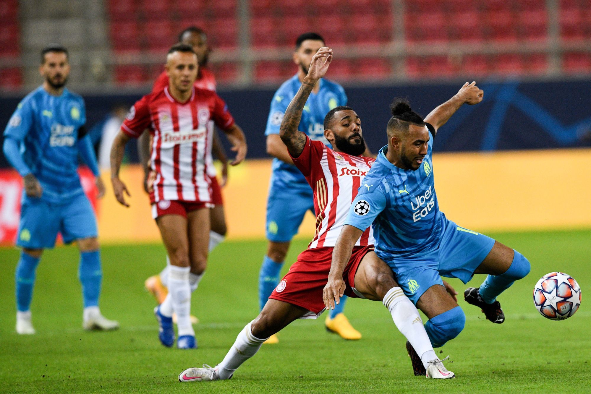 Yann MVilla of Olympiacos and Dimitri Payet of Marseille during the UEFA Champions League match between Olympiacos and Marseille, at Georgios Karaiskakis on October 21, 2020 in Athens, Greece. Photo by Icon Sport - Georgios Karaiskakis - Pirée (Grece)