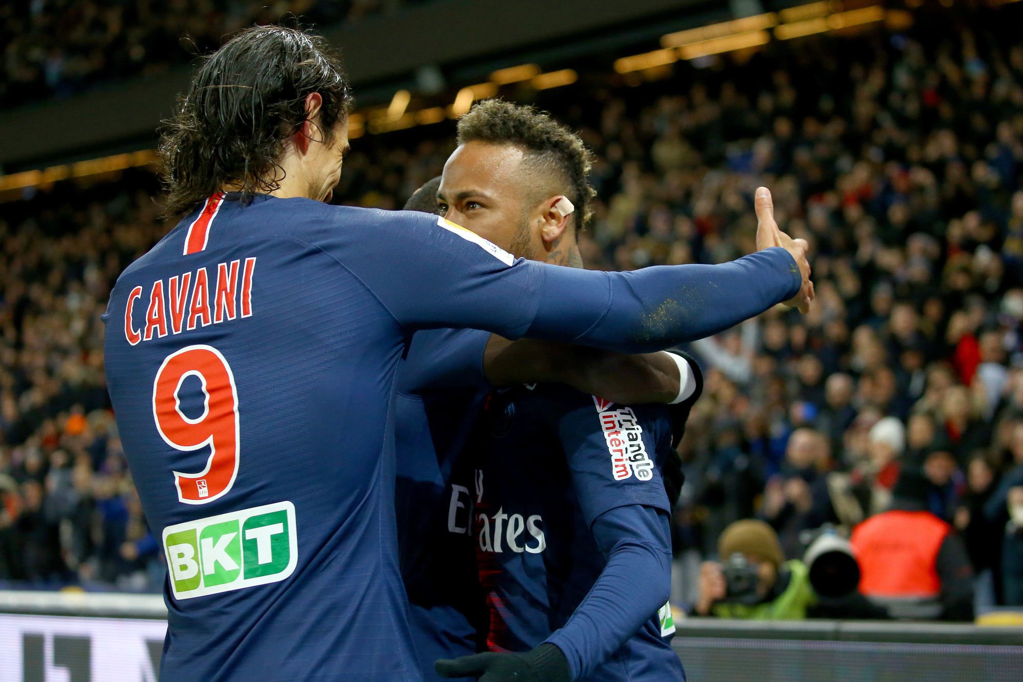 Edinson Cavani of Paris Saint Germain and Neymar Jr of Paris Saint Germain, celebrate the goal during the French Cup match between Paris Saint Germain and Guingamp at Parc des Princes on January 9, 2019 in Paris, France. (Photo by Pierre Costabadie/Icon Sport)