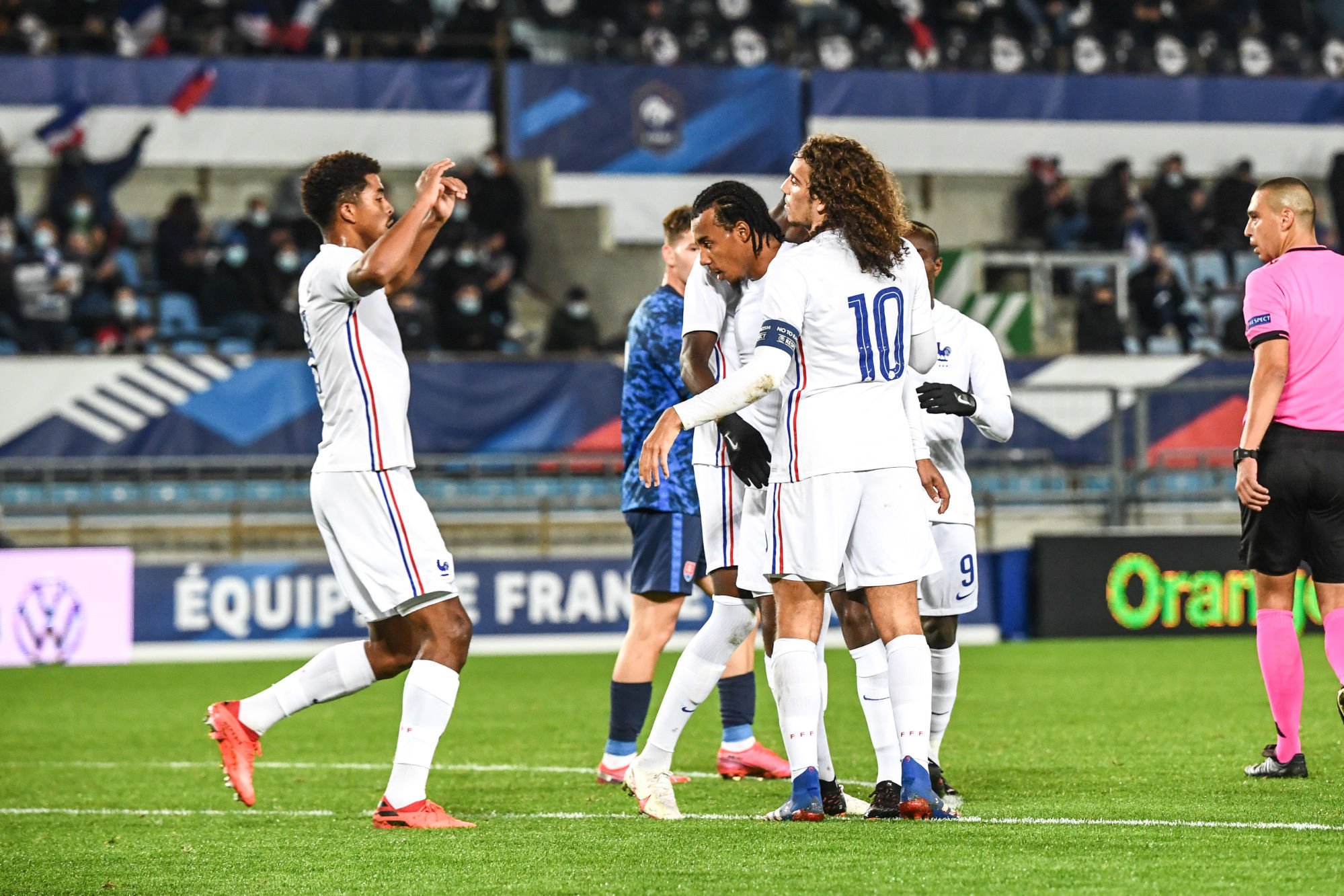 Jules KOUNDE of France and Matteo GUENDOUZI of France celebrate during the European Championship qualification match between France and Slovakia at La Meinau Stadium on October 12, 2020 in Strasbourg, France. (Photo by Sebastien Bozon/Icon Sport) - Stade de la Meinau - Strasbourg (France)