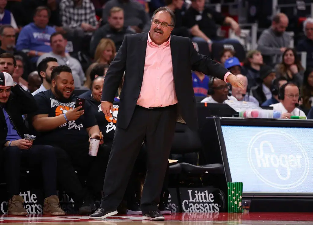 DETROIT, MI - APRIL 09: Head coach Stan Van Gundy looks on while playing the Toronto Raptors at Little Caesars Arena on April 9, 2018 in Detroit, Michigan. Toronto won the game 108-98. NOTE TO USER: User expressly acknowledges and agrees that, by downloading and or using this photograph, User is consenting to the terms and conditions of the Getty Images License Agreement.   Gregory Shamus/Getty Images/AFP