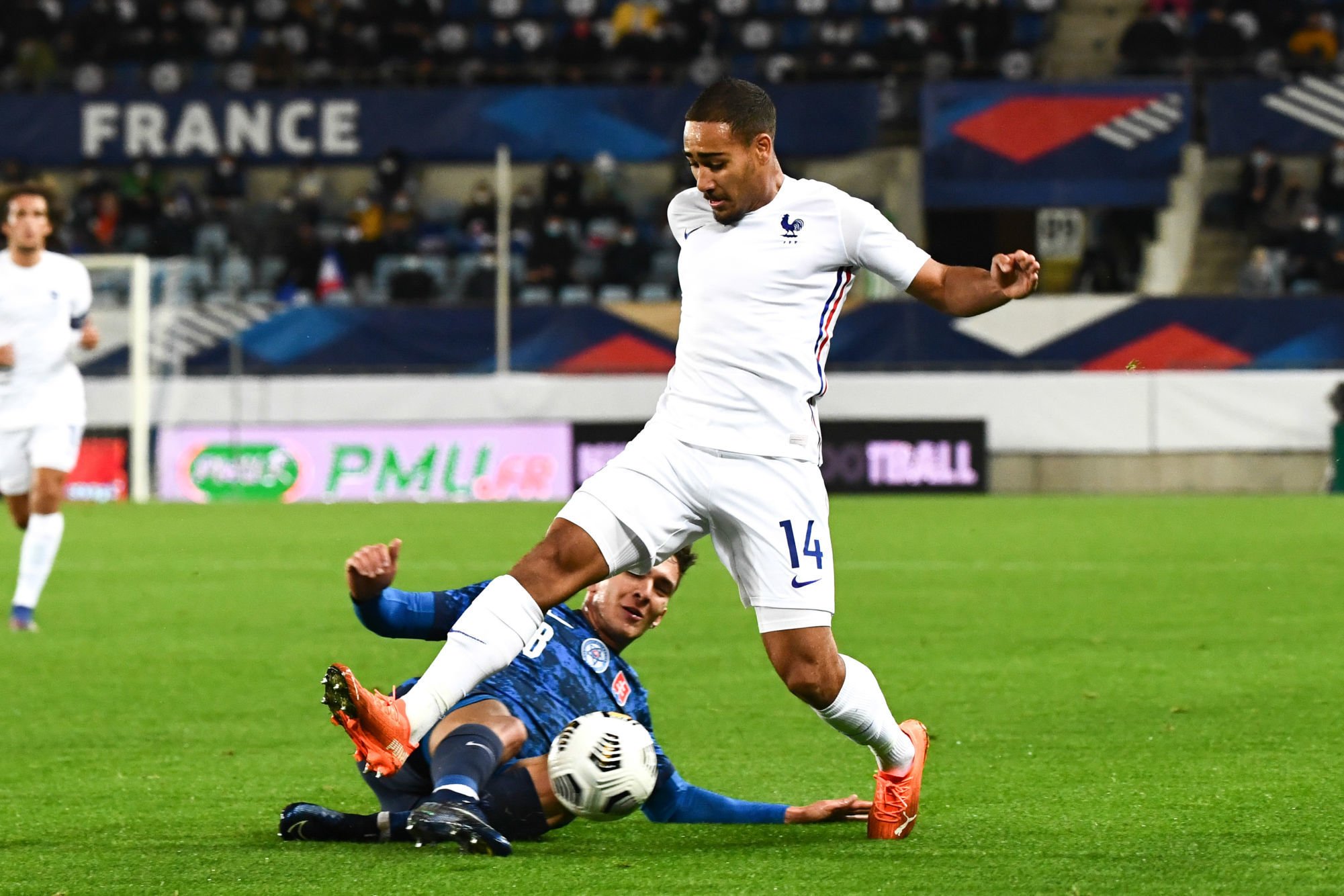David DURIS of Slovakia and Yvann MACON of France during the European Championship qualification match between France and Slovakia at La Meinau Stadium on October 12, 2020 in Strasbourg, France. (Photo by Sebastien Bozon/Icon Sport) - Yvann MACON - David DURIS - Stade de la Meinau - Strasbourg (France)