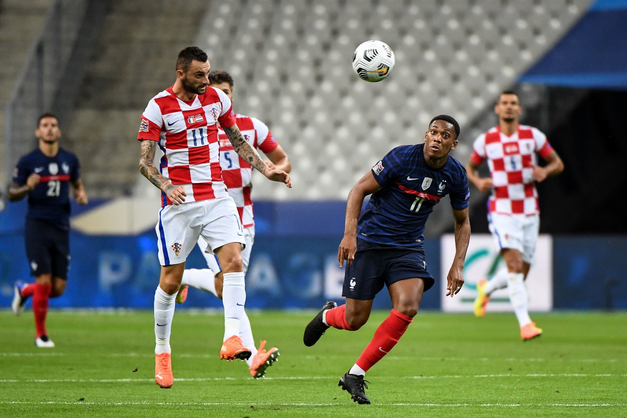 Marcelo BROZOVIC of Croatia and Anthony MARTIAL of France during the Nations League match between France and Croatia on September 8, 2020 in Paris, France. (Photo by Anthony Dibon/Icon Sport) - Marcelo BROZOVIC - Anthony MARTIAL - Stade de France - Paris (France)