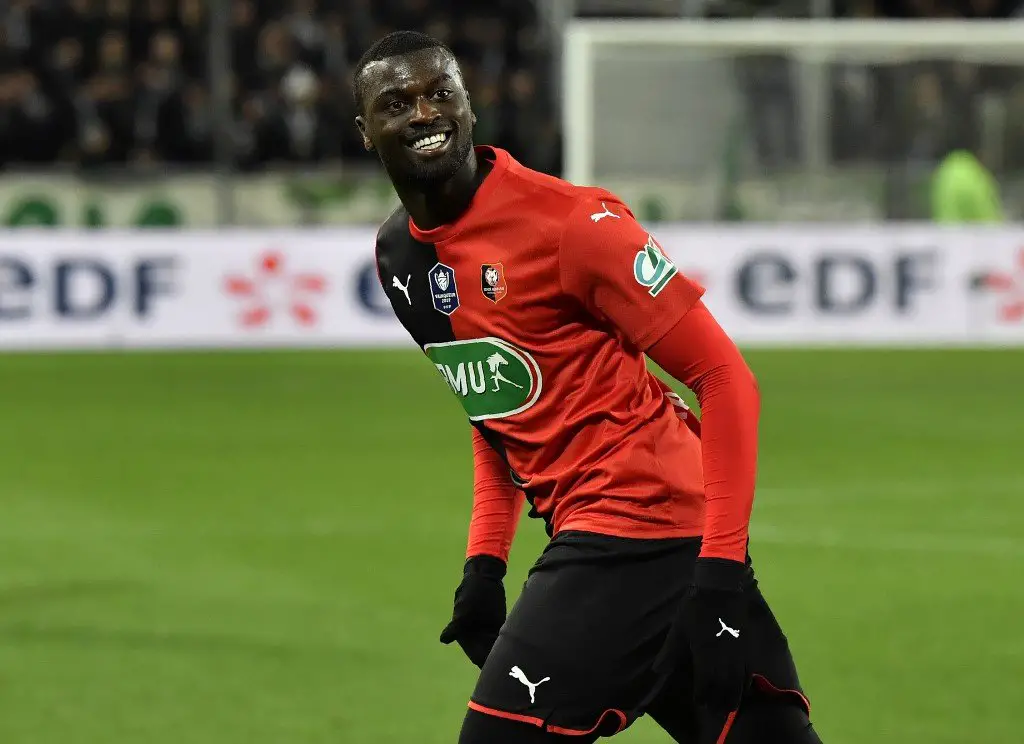 Rennes' Senegalese forward Mbaye Niang celebrates after scoring a goal during the French Cup semi-final match between AS Saint-Etienne (ASSE) and Stade Rennais FC (Rennes) on March 5, 2020, at the Geoffroy Guichard stadium in Saint-Etienne, central France. (Photo by PHILIPPE DESMAZES / AFP)