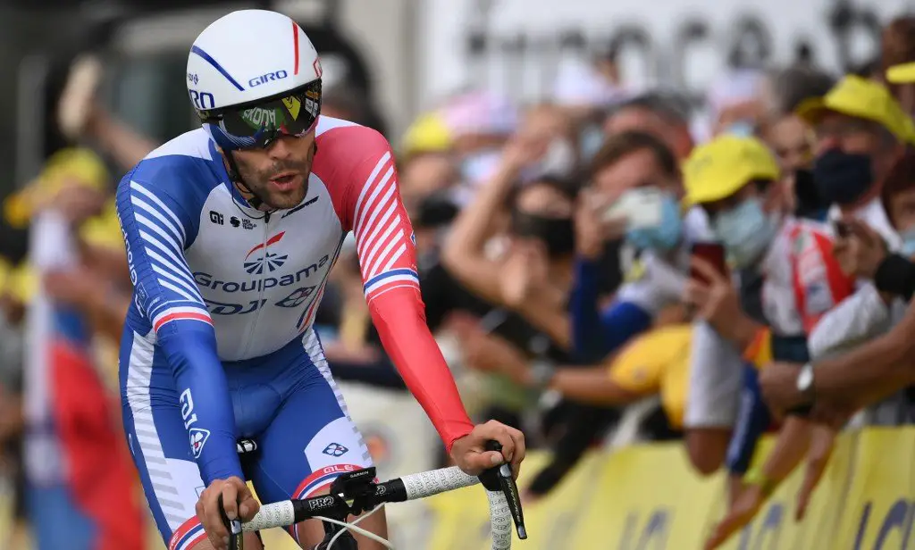 Team Groupama-FDJ rider France's Thibaut Pinot crosses the finish line at the end of the 20th stage of the 107th edition of the Tour de France cycling race, a time trial of 36 km between Lure and La Planche des Belles Filles, on September 19, 2020. (Photo by Marco BERTORELLO / POOL / AFP)