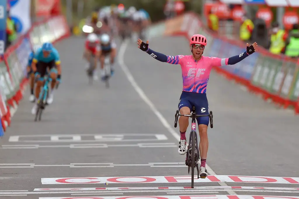Team Education First rider Canada's Michael Woods celebrates as he crosses the finish-line of the 7th stage of the 2020 La Vuelta cycling tour of Spain, a 159,7 km race from Vitoria-Gasteiz to Villanueva de Valdegovia, on October 27, 2020. (Photo by ANDER GILLENEA / AFP)