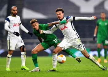Tottenham Hotspur's Dele Alli (right) and Ludogorets Razgrad's Anicet Abel battle for the ball during the UEFA Europa League Group J match at Tottenham Hotspur Stadium, London. 
By Icon Sport - Tottenham Hotspur Stadium - Tottenham (Angleterre)