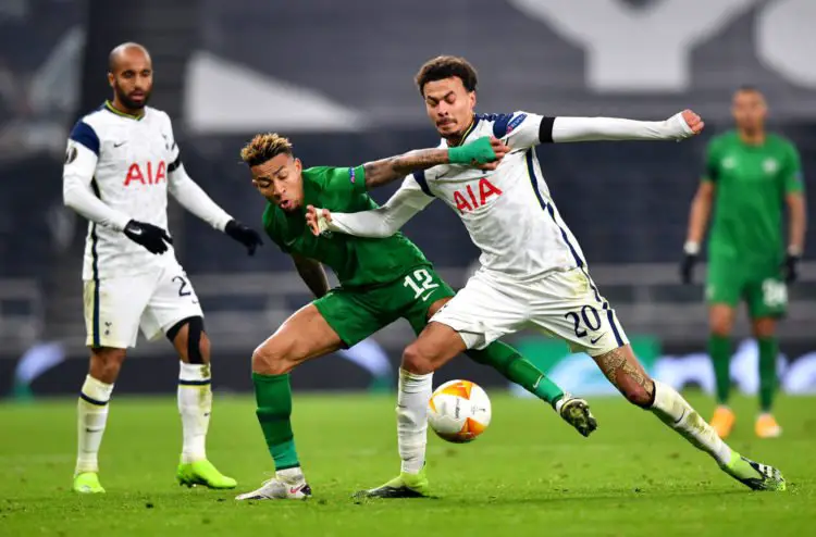 Tottenham Hotspur's Dele Alli (right) and Ludogorets Razgrad's Anicet Abel battle for the ball during the UEFA Europa League Group J match at Tottenham Hotspur Stadium, London. 
By Icon Sport - Tottenham Hotspur Stadium - Tottenham (Angleterre)