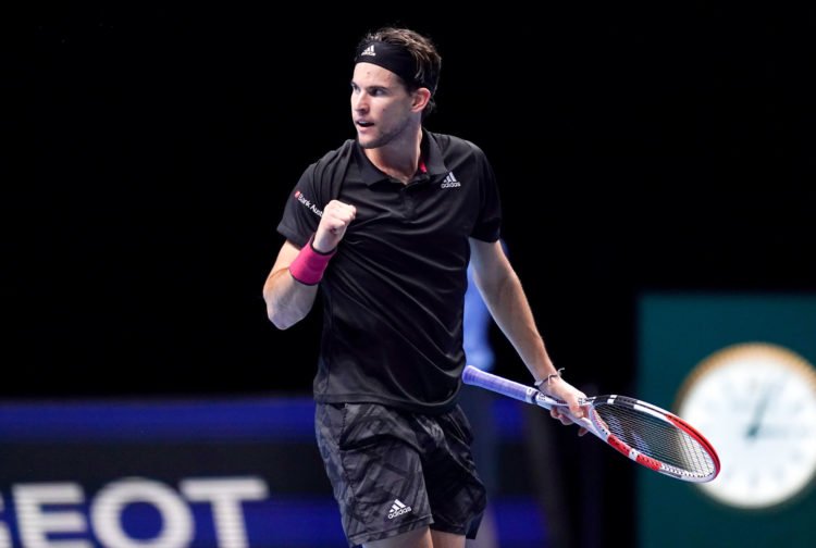 Dominic Thiem celebrates winning the first set against Novak Djokovic during their semi final match on day seven of the Nitto ATP Finals at The O2 Arena, London. 
By Icon Sport - O2 Arena - Londres (Angleterre)