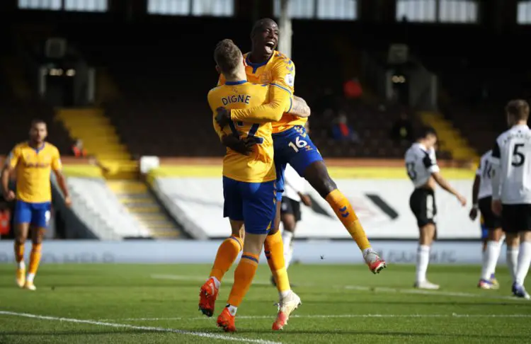 Everton's Abdoulaye Doucoure (right) celebrates scoring his side's third goal of the game with Lucas Digne during the Premier League match at Craven Cottage, London. 
By Icon Sport - Craven Cottage - Londres (Angleterre)