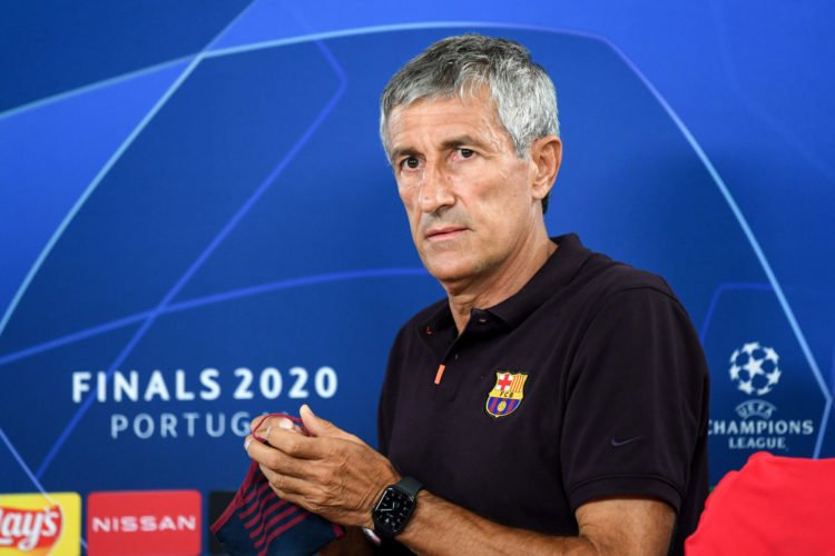 LISBON, PORTUGAL - AUGUST 13: In this handout image provided by UEFA, Quique Setien, Manager of FC Barcelona looks on during a press conference ahead of their UEFA Champions League quarter-final match against Bayern Munich at Estadio do Sport Lisboa e Benfica on August 13, 2020 in Lisbon, Portugal. (Photo by UEFA - Handout/UEFA via Getty Images) 

Photo by Icon Sport - Quique SETIEN - Lisbonne (Portugal)