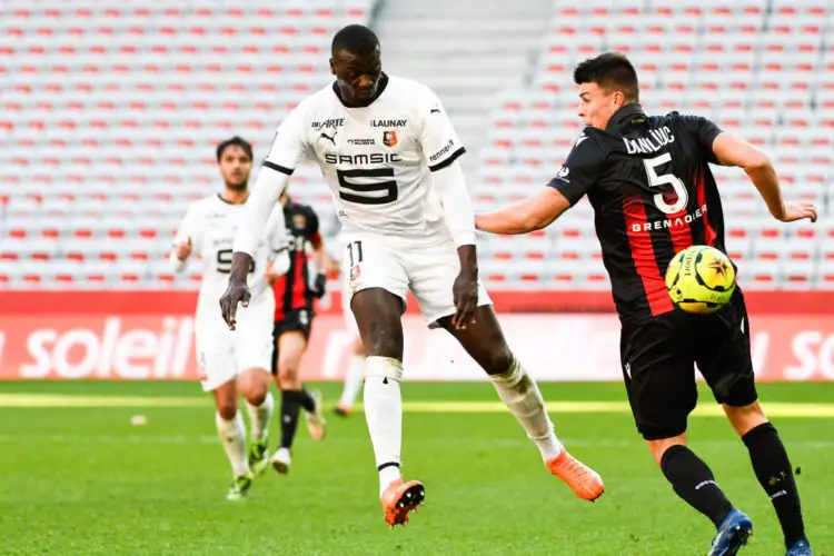 Mbaye NIANG of Rennes and Flavius DANILIUC of Nice during the Ligue 1 match between OGC Nice and Stade Rennes at Allianz Riviera on December 13, 2020 in Nice, France. (Photo by Pascal Della Zuana/Icon Sport) - Allianz Riviera - Nice (France)