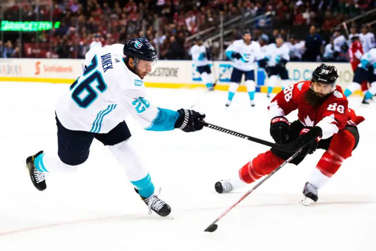 Thomas Vanek and Brent Burns during the World Cup Final between Canada and Team Europe on 27th September 2016