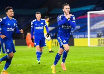 Leicester City's James Maddison (right) celebrates scoring his side's third goal of the game during the Premier League match at the King Power Stadium, Leicester. 


Photo by Icon Sport - King Power Stadium  - Leicester (Angleterre)