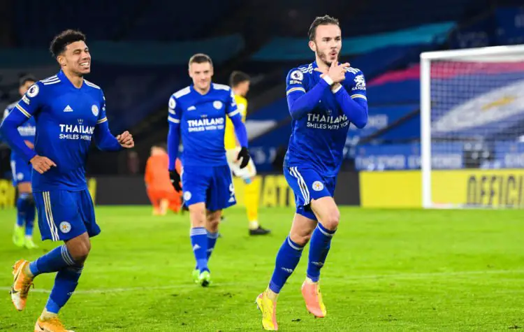 Leicester City's James Maddison (right) celebrates scoring his side's third goal of the game during the Premier League match at the King Power Stadium, Leicester. 


Photo by Icon Sport - King Power Stadium  - Leicester (Angleterre)