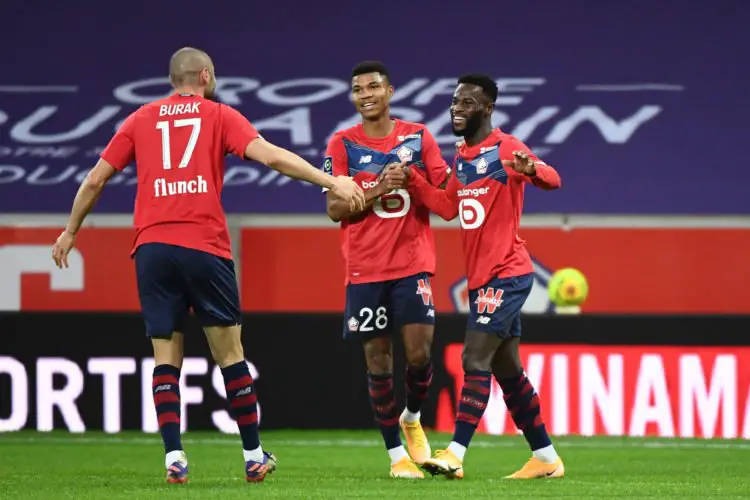 Jonathan BAMBA of Lille celebrates a goal during the Ligue 1 match between Lille OSC and Girondins Bordeaux at Stade Pierre Mauroy on December 13, 2020 in Lille, France. (Photo by Anthony Dibon/Icon Sport) - Stade Pierre Mauroy - Lille (France)