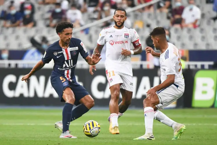 MARQUINHOS of PSG and Memphis DEPAY of Lyon during the French League Cup Final match between Paris Saint Germain and Lyon at Stade de France on July 31, 2020 in Paris, France. (Photo by Anthony Dibon/Icon Sport) - MARQUINHOS - Memphis DEPAY - Stade de France - Paris (France)
