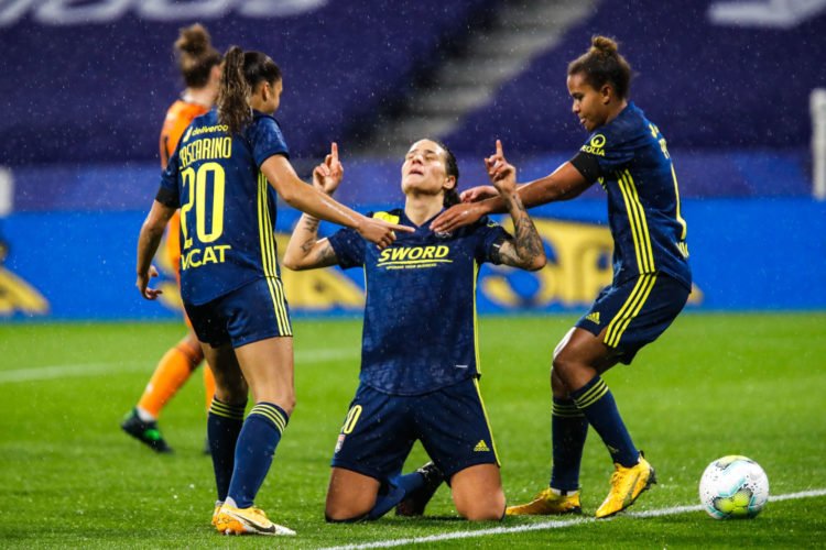 Dzsenifer MAROZSAN of Lyon and Delphine CASCARINO of Lyon and Nikita PARRIS of Lyon celebrate his goal during the UEFA Womens Champions League between Olympique Lyonnais and Juventus Turin at Groupama Stadium on December 15, 2020 in Lyon, France. (Photo by Romain Biard/Icon Sport) - Stade Municipal de Gerland - Lyon (France)