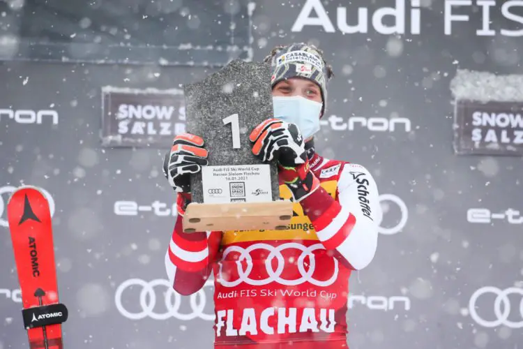 FLACHAU,AUSTRIA,16.JAN.21 - FIS World Cup, slalom, men,  award ceremony. Image shows the rejoicing of Manuel Feller (AUT). Photo: GEPA pictures/ Daniel Goetzhaber 
By Icon Sport - Flachau (Autriche)