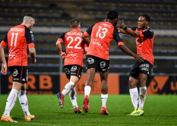 (Photo by Anthony Dibon/Icon Sport) - Jonathan DELAPLACE - Quentin BOISGARD - Terem MOFFI - Andreaw GRAVILLON - Stade du Moustoir - Lorient (France)