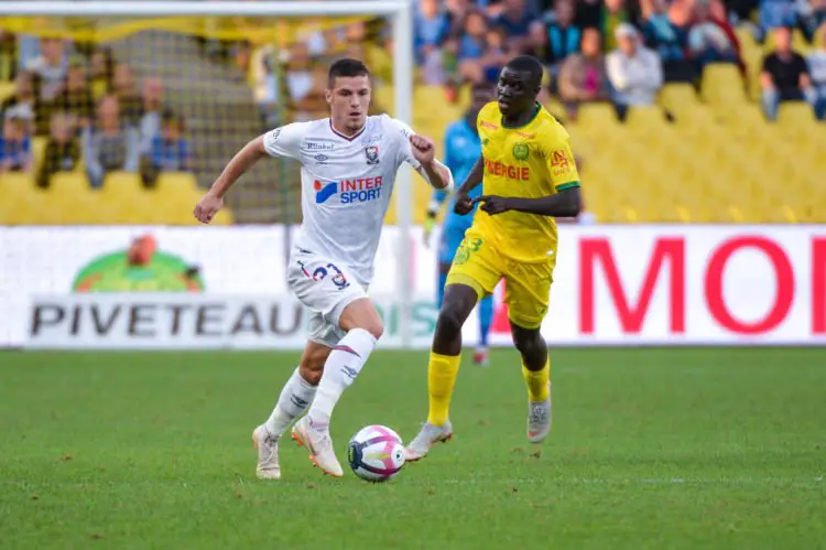 Frederic Guilbert of Caen and Abdoulaye Dabo of Nantes during the French Ligue 1 match between Nantes and Caen at Stade de la Beaujoire on August 25, 2018 in Nantes, France. (Photo by Baptiste Fernandez/Icon Sport)