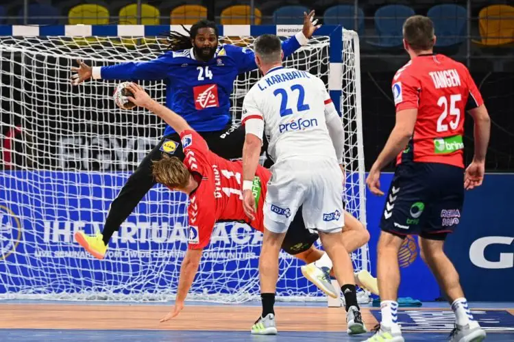 Norway's pivot Petter Overby (2ndL) shoots to score past France's goalkeeper Wesley Pardin during the 2021 World Men's Handball Championship between Group E teams Norway and France at the 6th of October Sports Hall in 6th of October city, a suburb of the Egyptian capital Cairo on January 14, 2021. (Photo by Anne-Christine POUJOULAT / POOL / AFP)