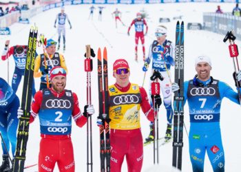 03.01.2021 Val Mustair, Switzerland (SUI):
Artem Maltsev (RUS), Alexander Bolshunov (RUS), Maurice Manificat (FRA), (l-r)  - FIS world cup cross-country, tour de ski, pursuit men, Val Mustair (SUI).  
By Icon Sport