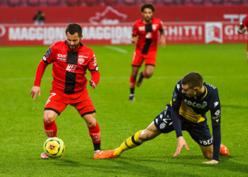 Frederic SAMMARITANO of DFCO and Strahinja PAVLOVIC of AS Monaco during the Ligue 1 match between Dijon FCO and AS Monaco at Stade Gaston Gerard on December 20, 2020 in Dijon, France. (Photo by Vincent Poyer/Icon Sport) - Strahinja PAVLOVIC - Frederic SAMMARITANO - Stade Gaston-Gerard - Dijon (France)