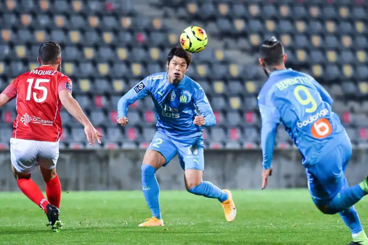 Hiroki SAKAI of Marseille  during the Ligue 1 match between Nimes Olympique and Olympique Marseille at Stade des Costieres on December 4, 2020 in Nimes, France. (Photo by Alexandre Dimou/Icon Sport) - Hiroki SAKAI - Stade des Costières - Nimes (France)