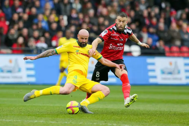 Nicolas Pallois of Nantes and Lucas Deaux of Guingamp during the Ligue 1 match between EA Guingamp and FC Nantes on March 3, 2019 in Guingamp, France. (Photo by Vincent Michel/Icon Sport)