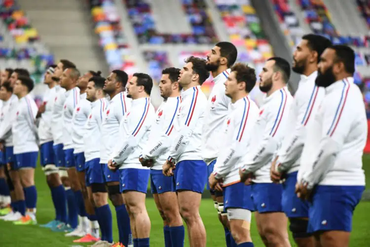 Team of France line up during National Anthem during the RBS Six Nations match between France and Wales on March 20, 2021 in Paris, France. (Photo by Anthony Dibon/Icon Sport) - --- - Stade de France - Paris (France)