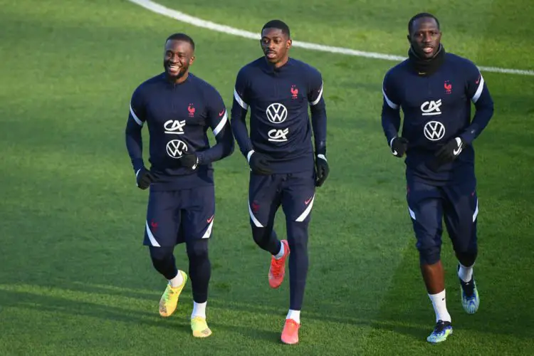 Tanguy NDOMBELE of France, Ousmane DEMBELE of France and Moussa SISSOKO of France during the France training session at Centre National du Football on March 23, 2021 in Clairefontaine-en-Yvelines, France. (Photo by Anthony Dibon/Icon Sport) - Moussa SISSOKO - Tanguy NDOMBELE - Ousmane DEMBELE - Stade de France - Paris (France)