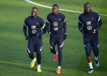Tanguy NDOMBELE of France, Ousmane DEMBELE of France and Moussa SISSOKO of France during the France training session at Centre National du Football on March 23, 2021 in Clairefontaine-en-Yvelines, France. (Photo by Anthony Dibon/Icon Sport) - Moussa SISSOKO - Tanguy NDOMBELE - Ousmane DEMBELE - Stade de France - Paris (France)