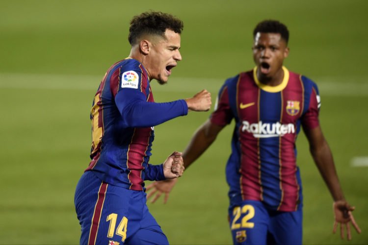 Phillippe Coutinho of FC Barcelona celebrates his goal with Ansu Fati during the La Liga match between FC Barcelona and Sevilla FC played at Camp Nou Stadium on October 4, 2020 in Barcelona, Spain. (Photo by Pressinphoto/Icon Sport) - Philippe COUTINHO - Ansu FATI - Camp Nou - Barcelone (Espagne)
