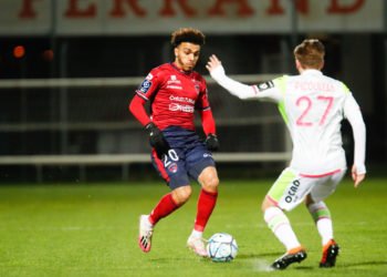Akim ZEDADKA of Clermont and Mathis PICOULEAU of Valenciennes during the Ligue 2 BKT match between Clermont and Valenciennes on February 27, 2021 in Clermont-Ferrand, France.