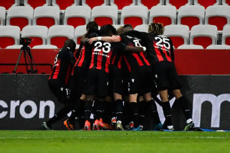 Alexis CLAUDE-MAURICE of Nice celebrates his goal with teammates during the Ligue 1 match between OGC Nice and Olympique Marseille at Allianz Riviera on March 20, 2021 in Nice, France. (Photo by Pascal Della Zuana/Icon Sport) - --- - Alexis CLAUDE-MAURICE - Hassane KAMARA - Jean-Clair TODIBO - Jordan LOTOMBA - Allianz Riviera - Nice (France)