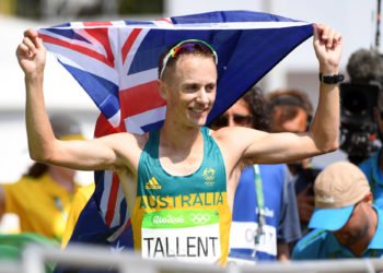 Jared Tallent of Australia celebrates after the Men's 50km race walk in during Athletics on Olympic Games 2016 in Rio  at Olympic Stadium on August 19, 2016 in Rio de Janeiro, Brazil. (Photo by Nolwen